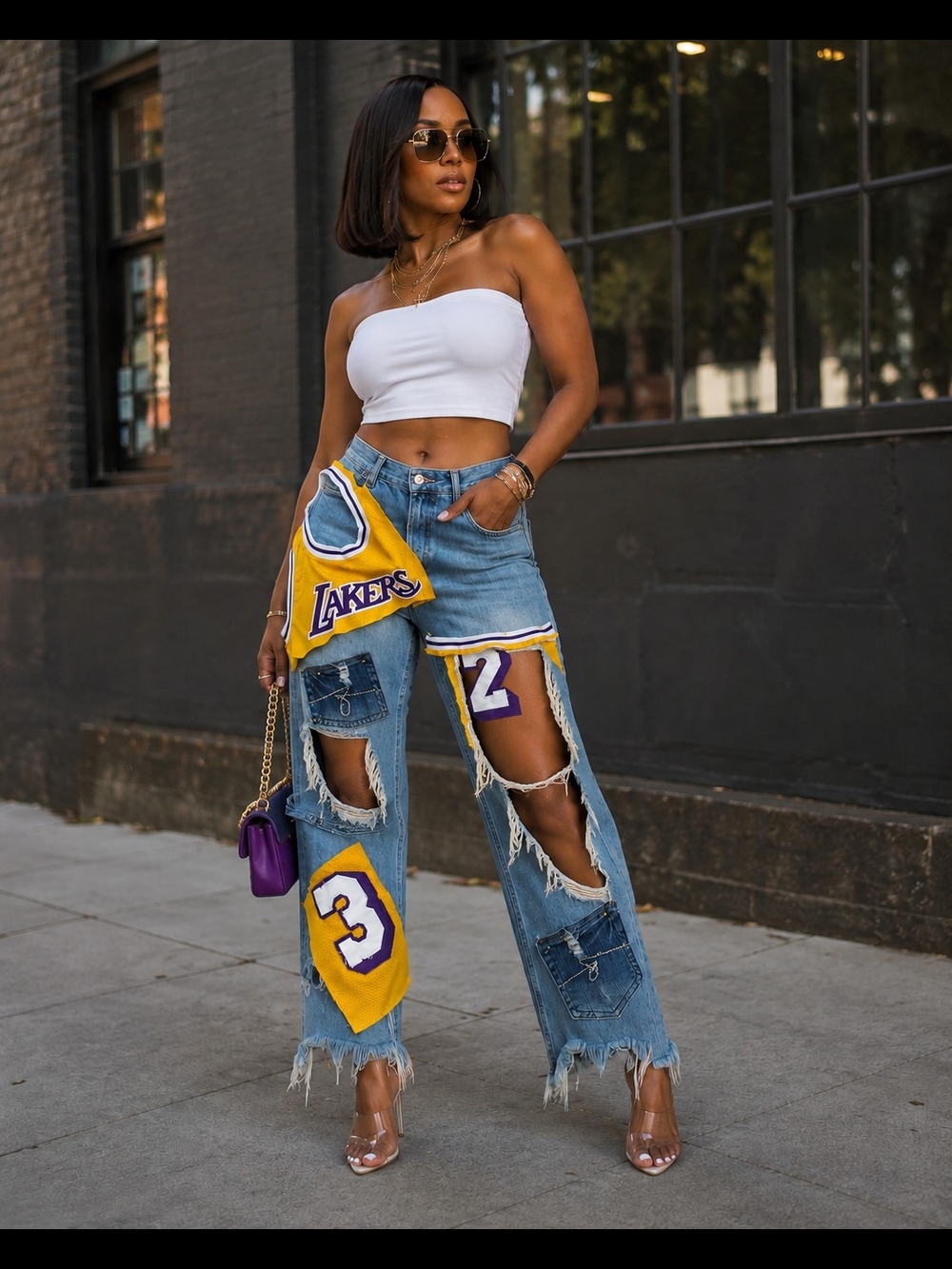 Relaxed Boyfriend Jeans with Yellow & Purple Patch Accents